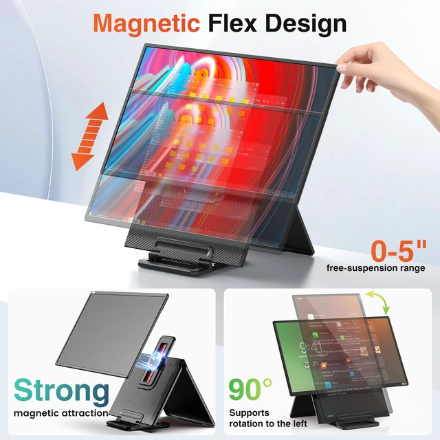 Alt view image 4 of 7 - 24" Large Portable Monitor, 1080P FHD 100Hz IPS Monitor, Height-Adjustable & Rotatable Screen(Horizontal/Vertical), Built-in Speakers, Requires Wall Outlet, Travel Monitor for Laptop / MacBook / PC