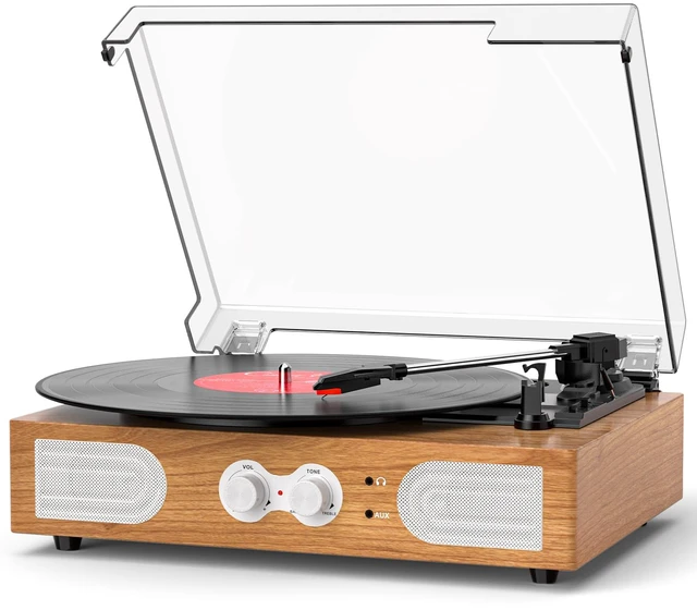 Main image of Vinyl Record Player with Built-in Speakers 3-Speed Vintage Record Player Support Treble& Bass Control, 3.5mm Headphone Jack, RCA-Out/Aux in, Belt-Driven LP Turntable,Natural Wood