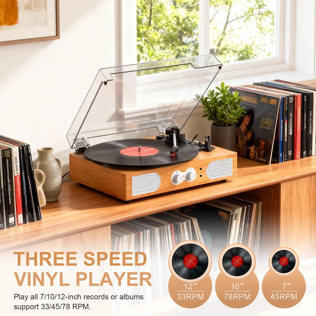 Alt view image 2 of 4 - Vinyl Record Player with Built-in Speakers 3-Speed Vintage Record Player Support Treble& Bass Control, 3.5mm Headphone Jack, RCA-Out/Aux in, Belt-Driven LP Turntable,Natural Wood