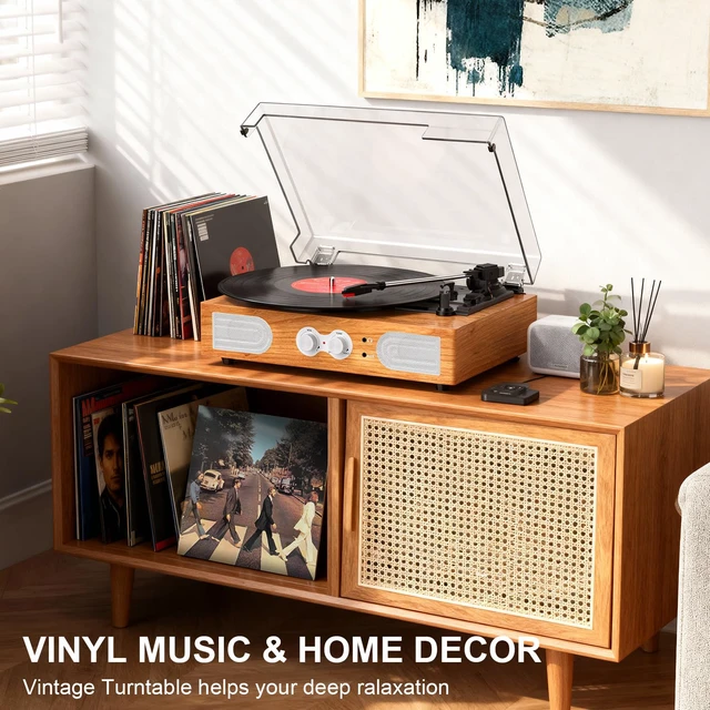 Alt view image 3 of 4 - Vinyl Record Player with Built-in Speakers 3-Speed Vintage Record Player Support Treble& Bass Control, 3.5mm Headphone Jack, RCA-Out/Aux in, Belt-Driven LP Turntable,Natural Wood
