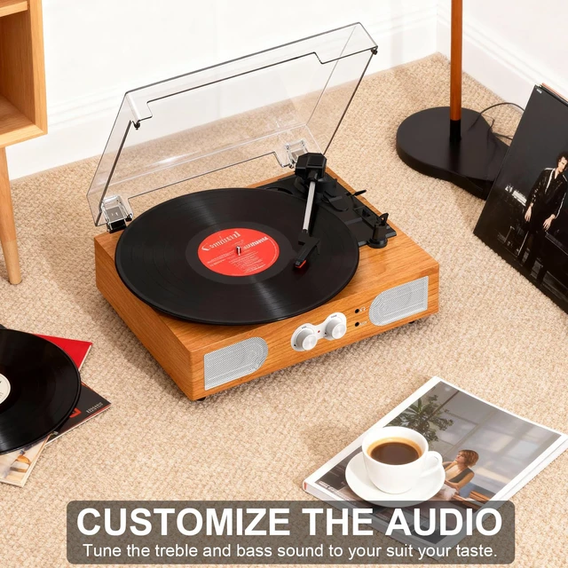 Alt view image 4 of 4 - Vinyl Record Player with Built-in Speakers 3-Speed Vintage Record Player Support Treble& Bass Control, 3.5mm Headphone Jack, RCA-Out/Aux in, Belt-Driven LP Turntable,Natural Wood