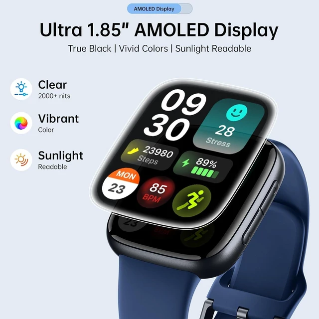 Alt view image 2 of 7 - Smart Watches for Men Women, 1.85" HD AMOLED Smart Watchfor iPhone & Android, 12-Day Battery, 3ATM Waterproof,Bluetooth Calls/Messages, Health Monitor, 120+ Sports ModesFitness Watch, 2 Bands