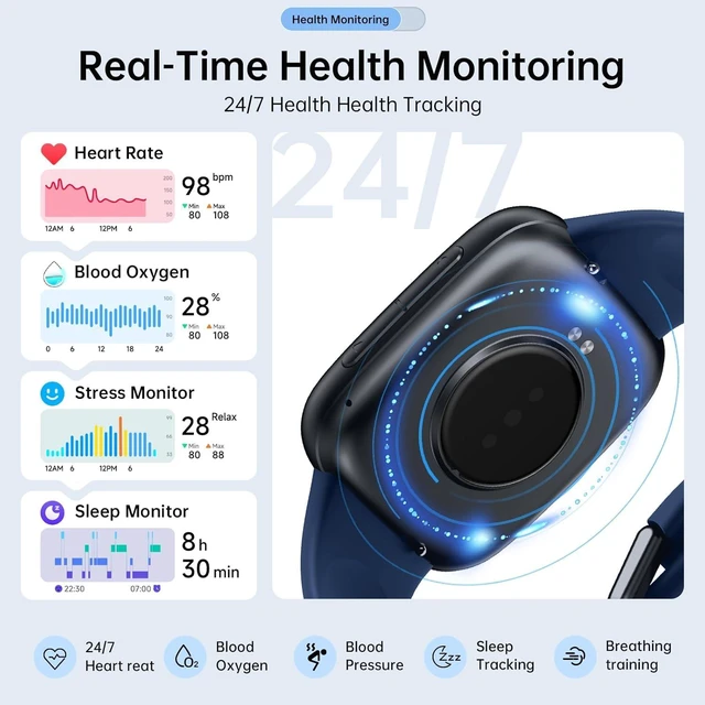 Alt view image 4 of 7 - Smart Watches for Men Women, 1.85" HD AMOLED Smart Watchfor iPhone & Android, 12-Day Battery, 3ATM Waterproof,Bluetooth Calls/Messages, Health Monitor, 120+ Sports ModesFitness Watch, 2 Bands