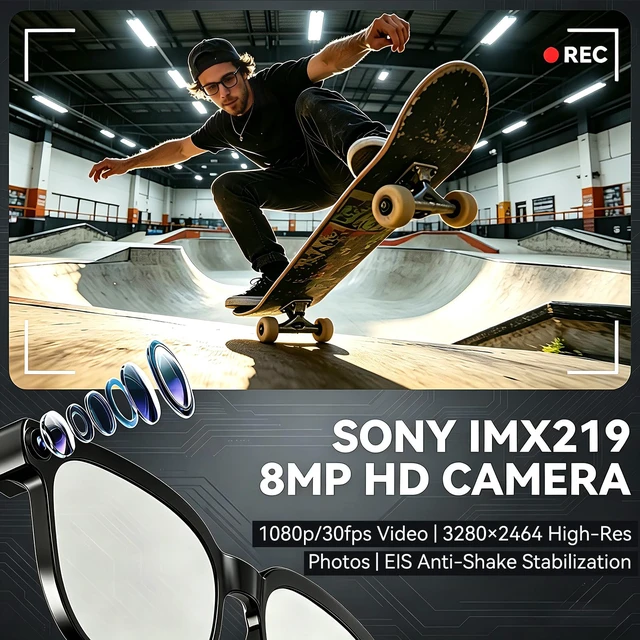 Alt view image 2 of 7 - AI Smart Glasses with Camera,8MP Camera Glasses,1080P Anti-Shake Video Recording, Real Time Translation,AI Voice Assistant,Object Recognition,Bluetooth Sunglasses for Men Women(Transparent Lenses)