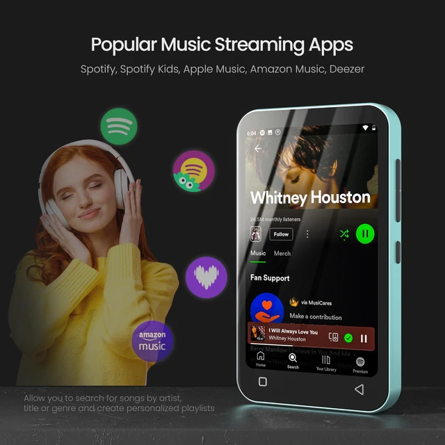 Alt view image 3 of 7 - 80GB Kids MP3 Player with Bluetooth, Parental Controls, Pre-Installed Spotify, Audible, 4" MP4 Player (Teal)