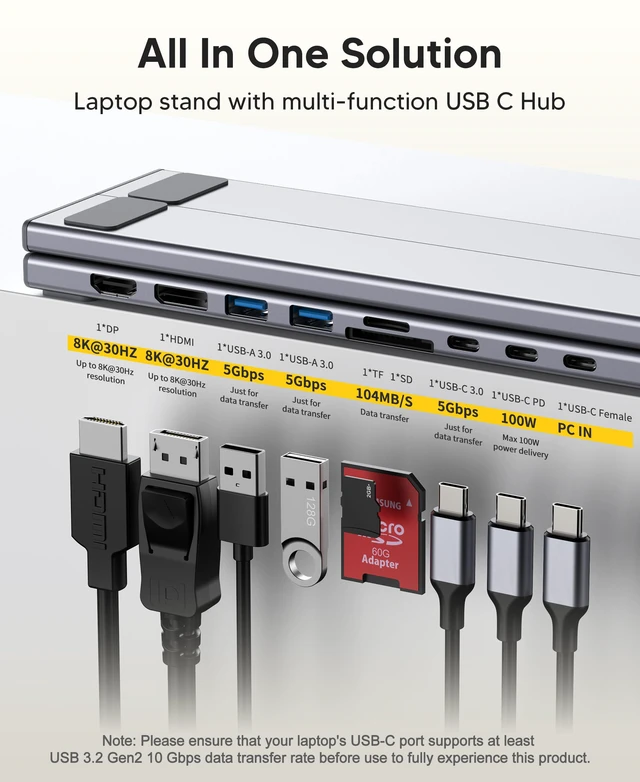 Alt view image 2 of 7 - USB C Laptop Docking Station Stand Dual Monitor, Single 8K for Windows DP 1.4 or Dual 4K for Win and Mac, 9 in 1 USB C Hub with HDMI+DP, 2*USB 3.0, PD 100W, USB C 3.0, SD/TF, Universal Dock Station