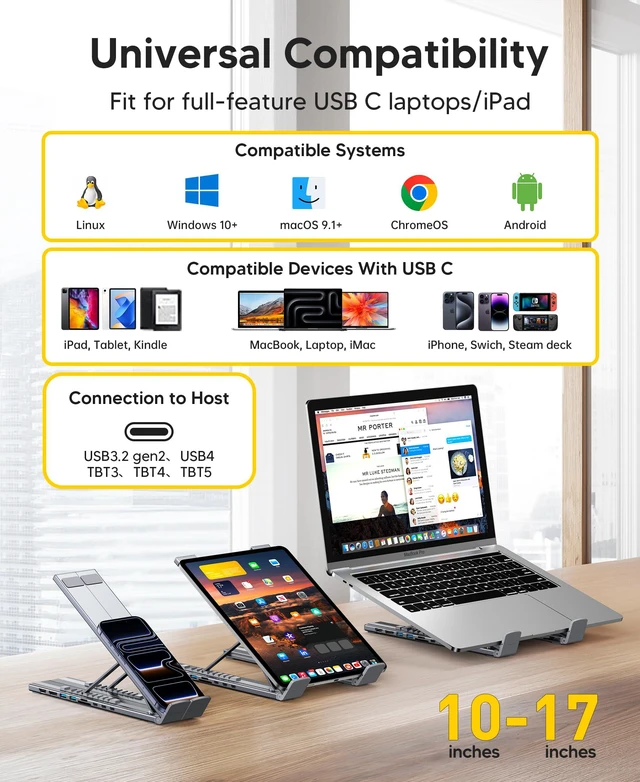 Alt view image 6 of 7 - USB C Laptop Docking Station Stand Dual Monitor, Single 8K for Windows DP 1.4 or Dual 4K for Win and Mac, 9 in 1 USB C Hub with HDMI+DP, 2*USB 3.0, PD 100W, USB C 3.0, SD/TF, Universal Dock Station