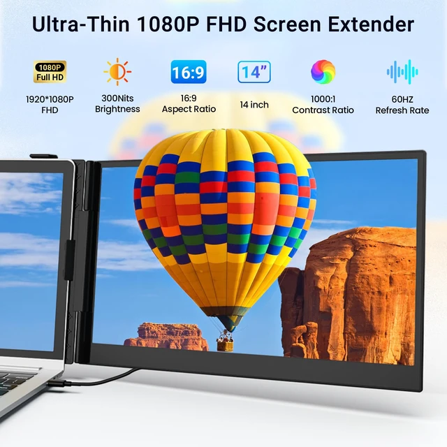 Alt view image 3 of 7 - Laptop Screen Extender, 14" FHD 1080P Laptop Monitor Extender, Ultra-Thin Portable Monitor for Laptop with USB-C/HDMI Port, Plug & Play for Windows/Mac/Android/Switch/PS5/Chrome