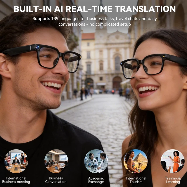 Alt view image 6 of 7 - AI Smart Glasses with Camera,8MP Camera Glasses,1080P Anti-Shake Video Recording, Real Time Translation,AI Voice Assistant,Object Recognition,Bluetooth Sunglasses for Men Women(Transparent Lenses)