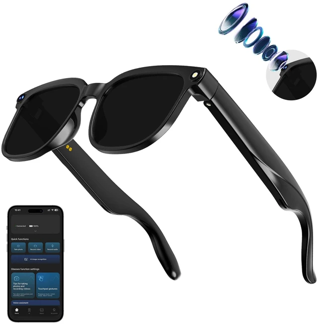Main image of AI Smart Glasses with Camera,8MP Camera Glasses,1080P Anti-Shake Video Recording, Real Time Translation,AI Voice Assistant,Object Recognition,Bluetooth Sunglasses for Men Women(Black Lenses)