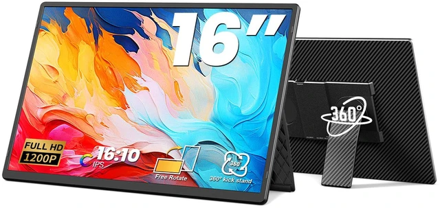 Main image of 16.1" Portable Monitor, 1200P FHD Laptop Screen Extender, 360° Rotating Detachable Stand, Plug&Play Dual Monitor, Ultra-Thin Zero Frame Portable Screen for Laptop/PC/Mac/Windows/PS5