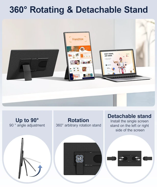 Alt view image 3 of 7 - 16.1" Portable Monitor, 1200P FHD Laptop Screen Extender, 360° Rotating Detachable Stand, Plug&Play Dual Monitor, Ultra-Thin Zero Frame Portable Screen for Laptop/PC/Mac/Windows/PS5