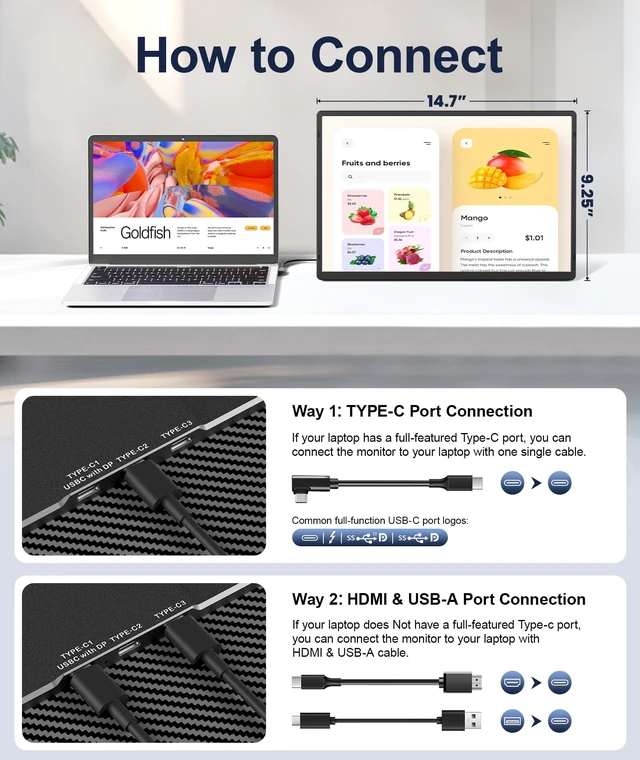 Alt view image 5 of 7 - 16.1" Portable Monitor, 1200P FHD Laptop Screen Extender, 360° Rotating Detachable Stand, Plug&Play Dual Monitor, Ultra-Thin Zero Frame Portable Screen for Laptop/PC/Mac/Windows/PS5