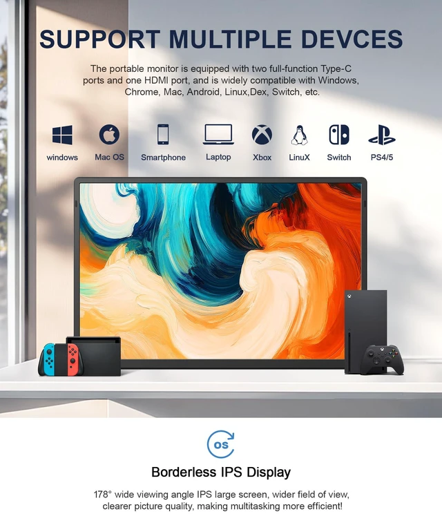 Alt view image 7 of 7 - 16.1" Portable Monitor, 1200P FHD Laptop Screen Extender, 360° Rotating Detachable Stand, Plug&Play Dual Monitor, Ultra-Thin Zero Frame Portable Screen for Laptop/PC/Mac/Windows/PS5