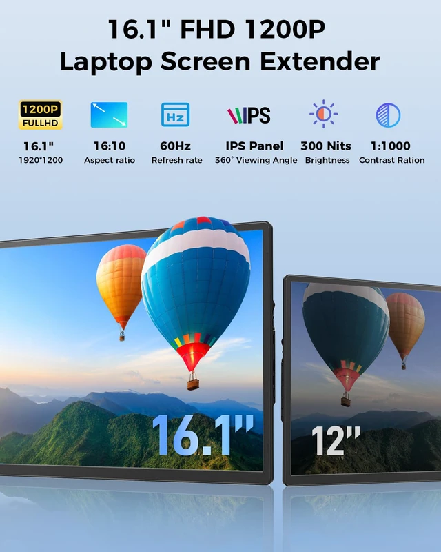 Alt view image 2 of 7 - Laptop Screen Extender, 16.1" FHD 1200P Portable Monitor for Laptop with Magnetic Detachable Stand, 360° Rotatable Borderless Screen, Plug & Play, Compatible with Windows Mac