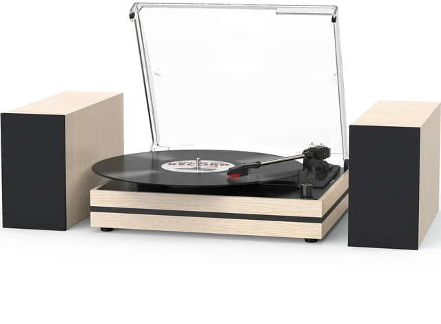 Main image of Record Player for Vinyls with Two External Speakers Belt-Drive Turntables Vinyls Records Dual Stereo Speakers LP Players 3 Speed 3 Size Wireless AUX-in Auto Stop Stylish New Sleek Wood Lvory White