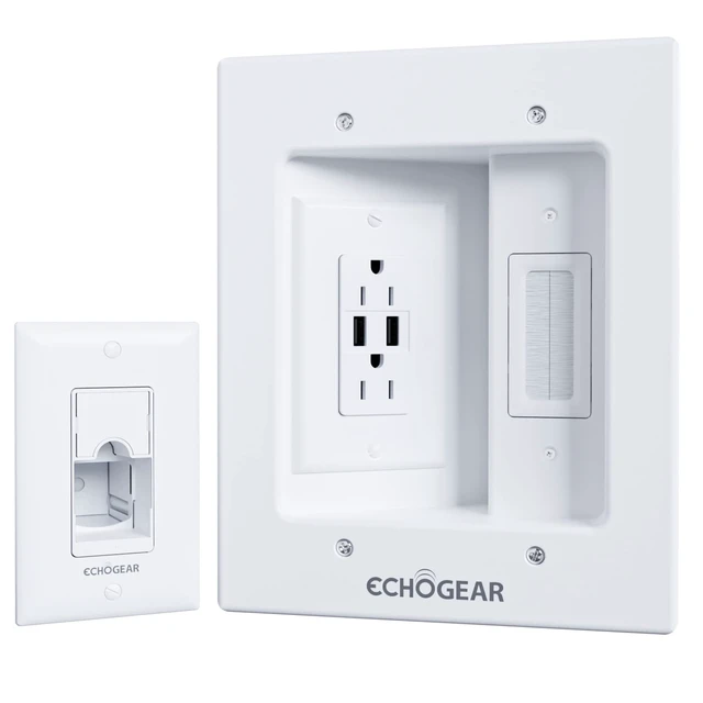 Main image of TV Cord Hider for Wall Mounted TV with 2X AC Outlets & 2X USB-A Ports - Hide Power Cables & Low Voltage Wires Behind The Wall - Includes Template, Saw, & Low Profile Extension Cord - White