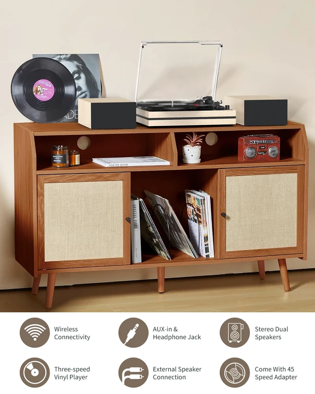 Alt view image 3 of 4 - Record Player for Vinyls with Two External Speakers Belt-Drive Turntables Vinyls Records Dual Stereo Speakers LP Players 3 Speed 3 Size Wireless AUX-in Auto Stop Stylish New Sleek Wood Lvory White