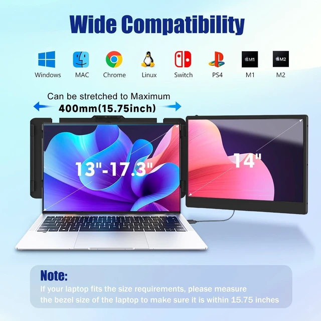 Alt view image 2 of 7 - Laptop Screen Extender, 14" FHD 1080P IPS Laptop Monitor Extender Dual Screen, Portable Monitor for Laptops 13-17" with USB-C/HDMI Port, Plug n Play for Windows/Mac/Android/Switch/PS5