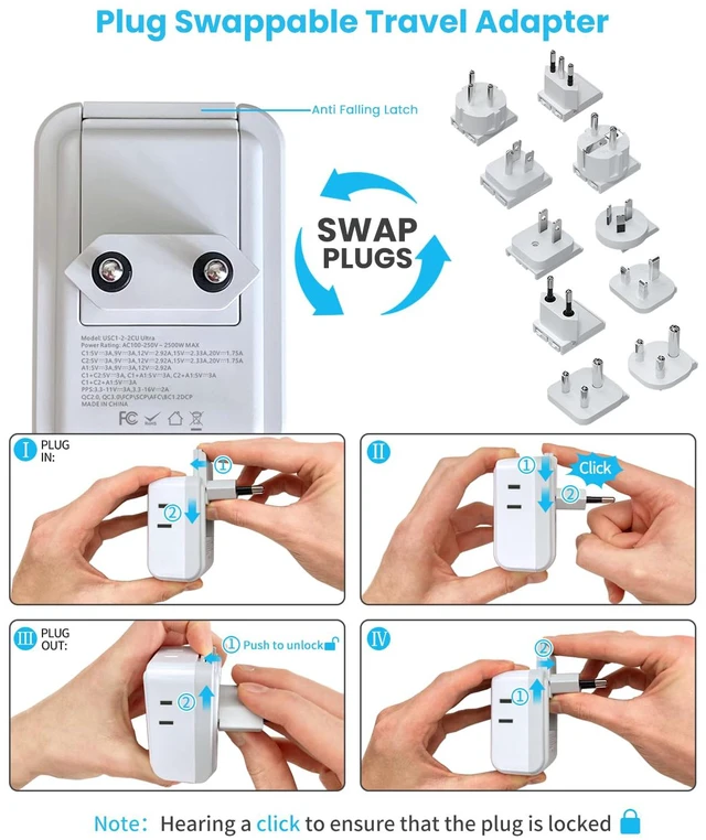 Alt view image 4 of 4 - Universal Travel Adapter Kit, PD 35W International Power Adapter with 4 AC and 3 USB Ports(2 USB-C), Type A,B,C,D,E/F,G,H,I,L,M Detachable Attachments, Travel Adapter Worldwide for EU/UK/Africa