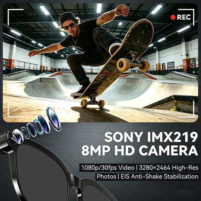 Alt view image 2 of 7 - AI Smart Glasses with Camera,8MP Camera Glasses,1080P Anti-Shake Video Recording, Real Time Translation,AI Voice Assistant,Object Recognition,Bluetooth Sunglasses for Men Women(Black Lenses)