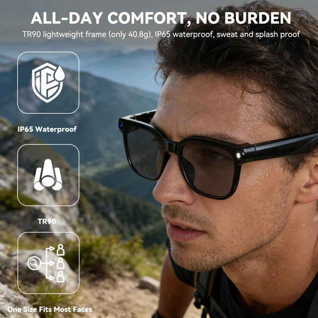Alt view image 4 of 7 - AI Smart Glasses with Camera,8MP Camera Glasses,1080P Anti-Shake Video Recording, Real Time Translation,AI Voice Assistant,Object Recognition,Bluetooth Sunglasses for Men Women(Black Lenses)