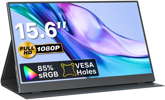 Main image of Portable Monitor 15.6 Inch 1080P FHD 85% sRGB Second Screen, USB-C HDMI HDR FreeSync Travel Monitor for Laptop MacBook PC PS5 Xbox, VESA Mountable, with Speakers, Cover Stand, Black