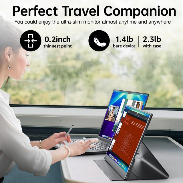 Alt view image 4 of 7 - Portable Monitor 15.6 Inch 1080P FHD 85% sRGB Second Screen, USB-C HDMI HDR FreeSync Travel Monitor for Laptop MacBook PC PS5 Xbox, VESA Mountable, with Speakers, Cover Stand, Black