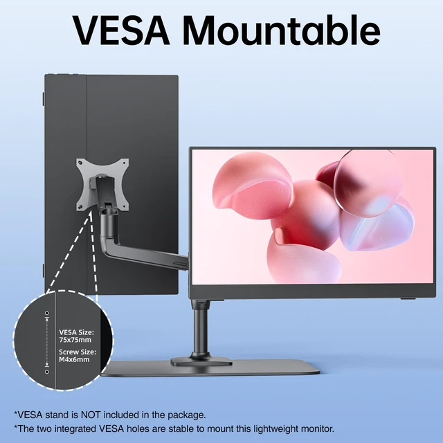 Alt view image 3 of 7 - Portable Monitor 15.6 Inch 1080P FHD 85% sRGB Second Screen, USB-C HDMI HDR FreeSync Travel Monitor for Laptop MacBook PC PS5 Xbox, VESA Mountable, with Speakers, Cover Stand, Black