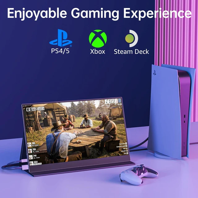Alt view image 7 of 7 - Portable Monitor 15.6 Inch 1080P FHD 85% sRGB Second Screen, USB-C HDMI HDR FreeSync Travel Monitor for Laptop MacBook PC PS5 Xbox, VESA Mountable, with Speakers, Cover Stand, Black