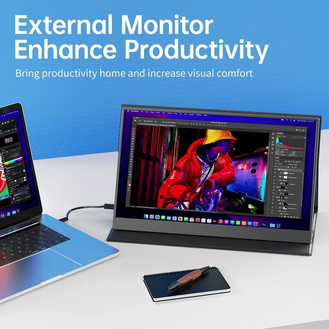Alt view image 2 of 7 - Portable Monitor 15.6 Inch 1080P FHD 85% sRGB Second Screen, USB-C HDMI HDR FreeSync Travel Monitor for Laptop PC MacBook PS5 Xbox, VESA Mountable, with Speakers, Cover Stand, Silver