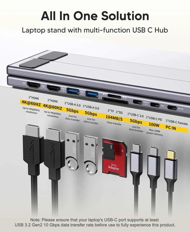 Alt view image 2 of 7 - USB C Laptop Docking Station Stand, Dual Monitor 4K@60Hz, 9 in 1 USB C Hub with 2 HDMI, 2 USB 3.0, PD 100W, Universal Dock Station for MacBook Pro/Air/Dell/HP/Surface/Lenovo