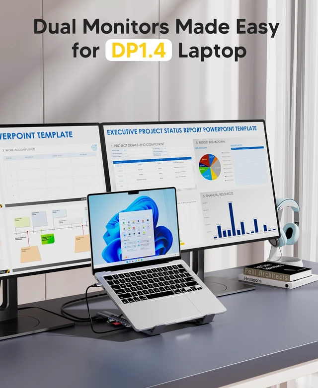 Alt view image 6 of 7 - USB C Laptop Docking Station Stand, Dual Monitor 4K@60Hz, 9 in 1 USB C Hub with 2 HDMI, 2 USB 3.0, PD 100W, Universal Dock Station for MacBook Pro/Air/Dell/HP/Surface/Lenovo