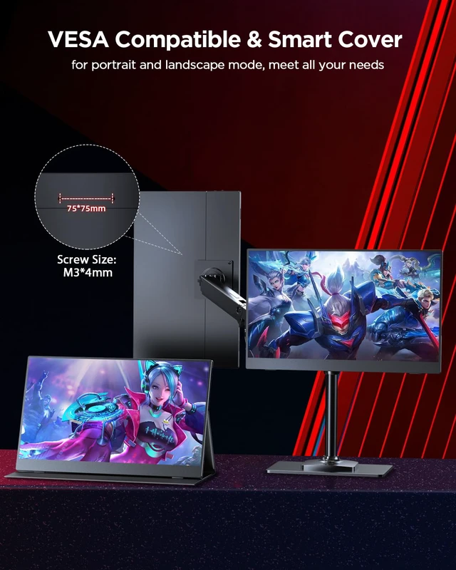 Alt view image 5 of 7 - 2K 120Hz Portable Gaming Monitor, 16" 2560x1600 QHD 16:10 400 Nits Portable Monitor for Laptop w/VESA & Cover HDR Eye Care External Second Screen for PC Phone Game Console