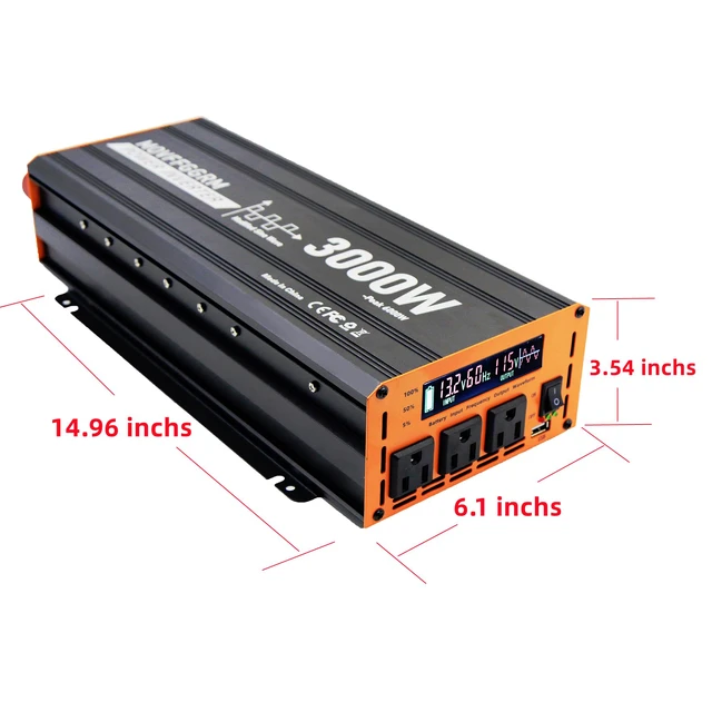 Alt view image 2 of 4 - 3000 Watt Power Inverter Converter, Car/Truck/RV 12V DC to 110V AC Converter, with LED Display, 3AC Outlets, USB Port
