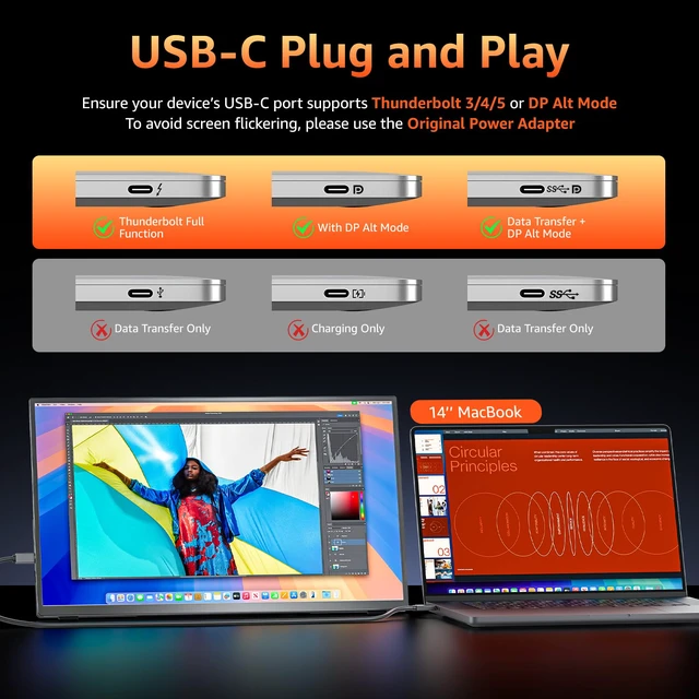 Alt view image 4 of 7 - Portable Monitor for Laptop MacBook Surface PC Xbox PS5, Travel Monitor Second Screen for Laptop, HDMI USB-C VESA Compatible Built-in Speaker, 18.5