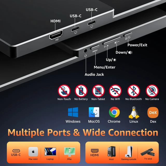 Alt view image 5 of 7 - Portable Monitor for Laptop MacBook Surface PC Xbox PS5, Travel Monitor Second Screen for Laptop, HDMI USB-C VESA Compatible Built-in Speaker, 18.5