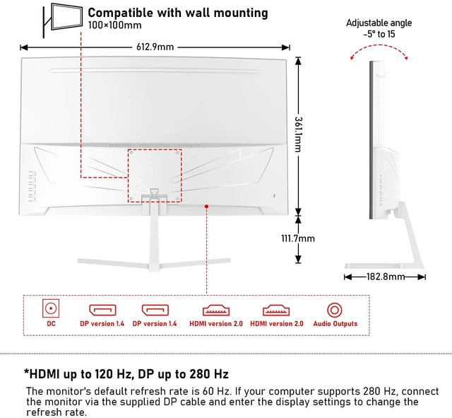 Alt view image 6 of 7 - 27 Inch PC Computer Screen,1800R Curved Gaming 280Hz Monitors, FHD 1080p 1ms, Freesync, 98% sRGB,178 ° Angle View HDMI2.0DisplayPort, Compatible with Wall-Mounted 100 * 100MM-White