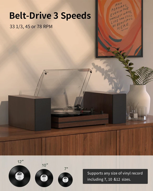 Alt view image 2 of 4 - Record Player with Two External Speakers Belt-Drive Turntable for Vinyl Records Dual Stereo Speakers Vintage LP Players Support 3 Speed Wireless Playback AUX Headphone Input Auto Stop Wood Brown