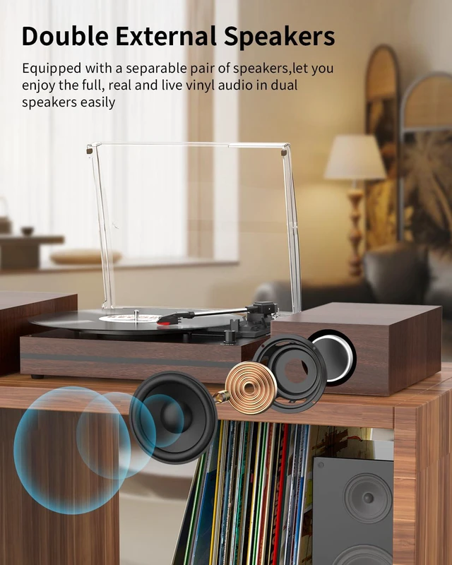 Alt view image 3 of 4 - Record Player with Two External Speakers Belt-Drive Turntable for Vinyl Records Dual Stereo Speakers Vintage LP Players Support 3 Speed Wireless Playback AUX Headphone Input Auto Stop Wood Brown