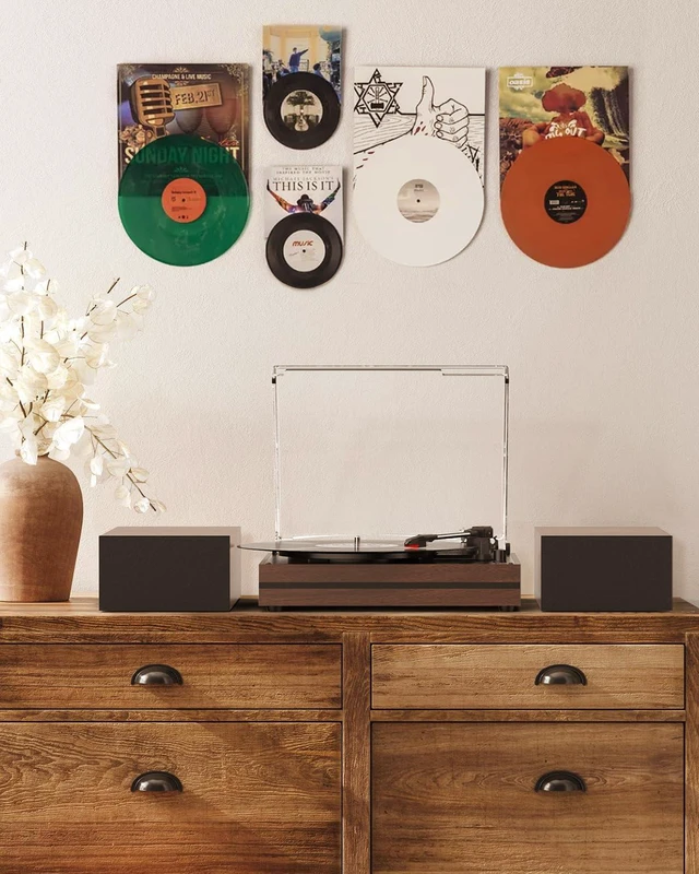 Alt view image 4 of 4 - Record Player with Two External Speakers Belt-Drive Turntable for Vinyl Records Dual Stereo Speakers Vintage LP Players Support 3 Speed Wireless Playback AUX Headphone Input Auto Stop Wood Brown
