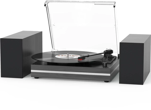 Main image of Vinyl Record Player with External Speakers Belt-Drive Turntable for Vinyl Records Dual Stereo Speakers Vintage LP Players Support 3 Speed Wireless Playback AUX Headphone Input Auto Stop Wood Black