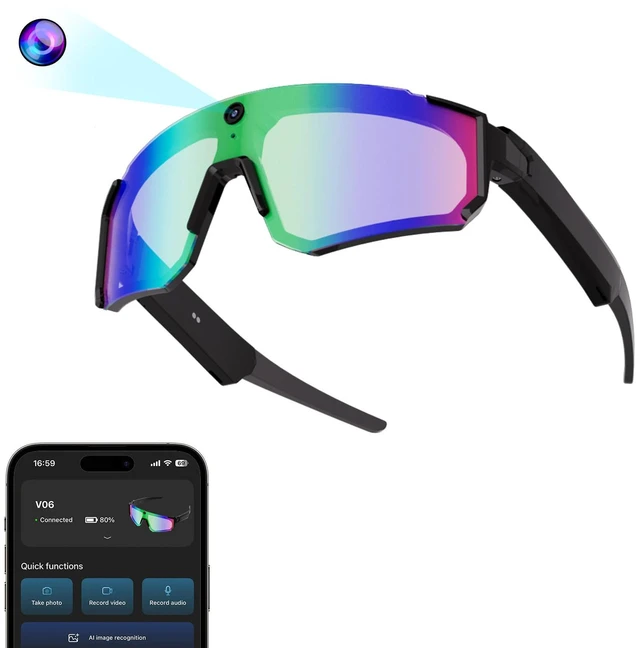 Main image of AI Smart Glasses with 32MP Camera, Video Recording Glasses with Voice Control, Built-in Microphone, AI Voice Assistant, UV Protection, for Cycling & Hiking