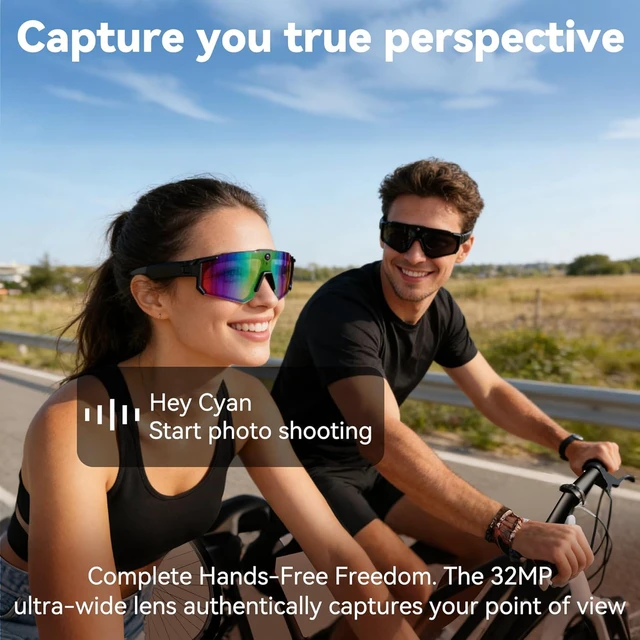Alt view image 3 of 7 - AI Smart Glasses with 32MP Camera, Video Recording Glasses with Voice Control, Built-in Microphone, AI Voice Assistant, UV Protection, for Cycling & Hiking