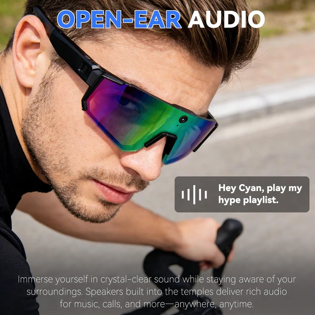 Alt view image 4 of 7 - AI Smart Glasses with 32MP Camera, Video Recording Glasses with Voice Control, Built-in Microphone, AI Voice Assistant, UV Protection, for Cycling & Hiking