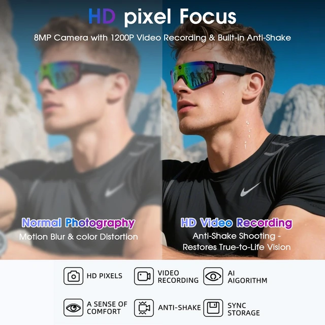 Alt view image 2 of 7 - AI Smart Glasses with Camera 4K, 8MP HD POV Video Recording Glasses with Camera, Built-in Storage(No SD Card Needed), Wearable Tech Bluetooth Sunglasses for Outdoor Sports Cycling/Skiing/Running