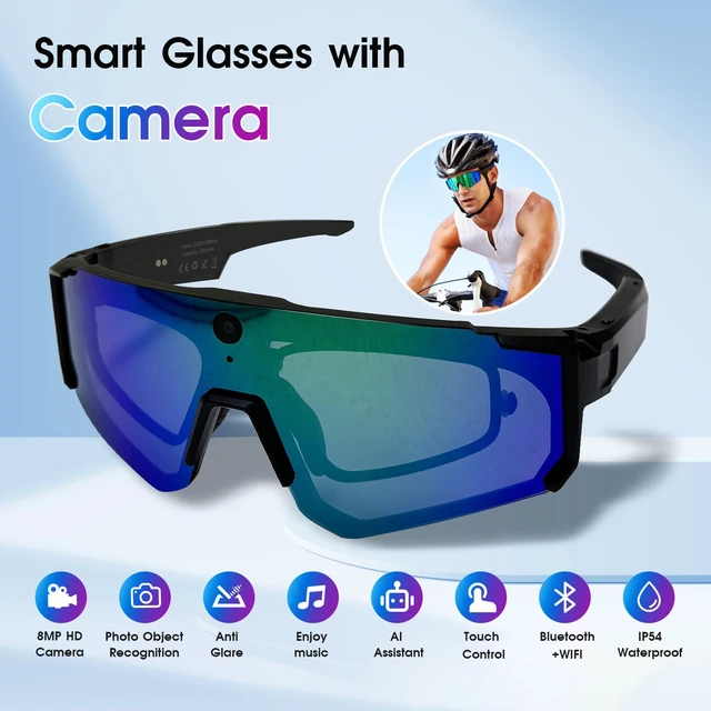 Alt view image 3 of 7 - AI Smart Glasses with Camera 4K, 8MP HD POV Video Recording Glasses with Camera, Built-in Storage(No SD Card Needed), Wearable Tech Bluetooth Sunglasses for Outdoor Sports Cycling/Skiing/Running