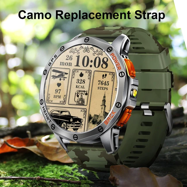 Alt view image 2 of 7 - Military Smart Watches Built-in GPS, 170+ Sport Modes for Men with Flashlight, Smartwatch for Android Phones and iPhone, 1.43" AMOLED Screen Bluetooth Call Compass Altimeter (Sivler & Camo (2 Bands))