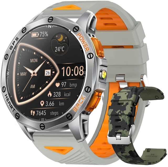 Main image of Military Smart Watches Built-in GPS, 170+ Sport Modes for Men with Flashlight, Smartwatch for Android Phones and iPhone, 1.43" AMOLED Screen Bluetooth Call Compass Altimeter (Sivler & Camo (2 Bands))
