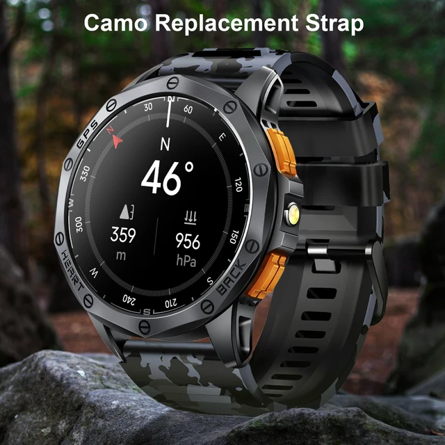 Alt view image 2 of 7 - Military Smart Watches Built-in GPS, 170+ Sport Modes for Men with Flashlight, Smartwatch for Android Phones and iPhone, 1.43" AMOLED Screen Bluetooth Call Compass Altimeter (Black & Camo (2 Bands))